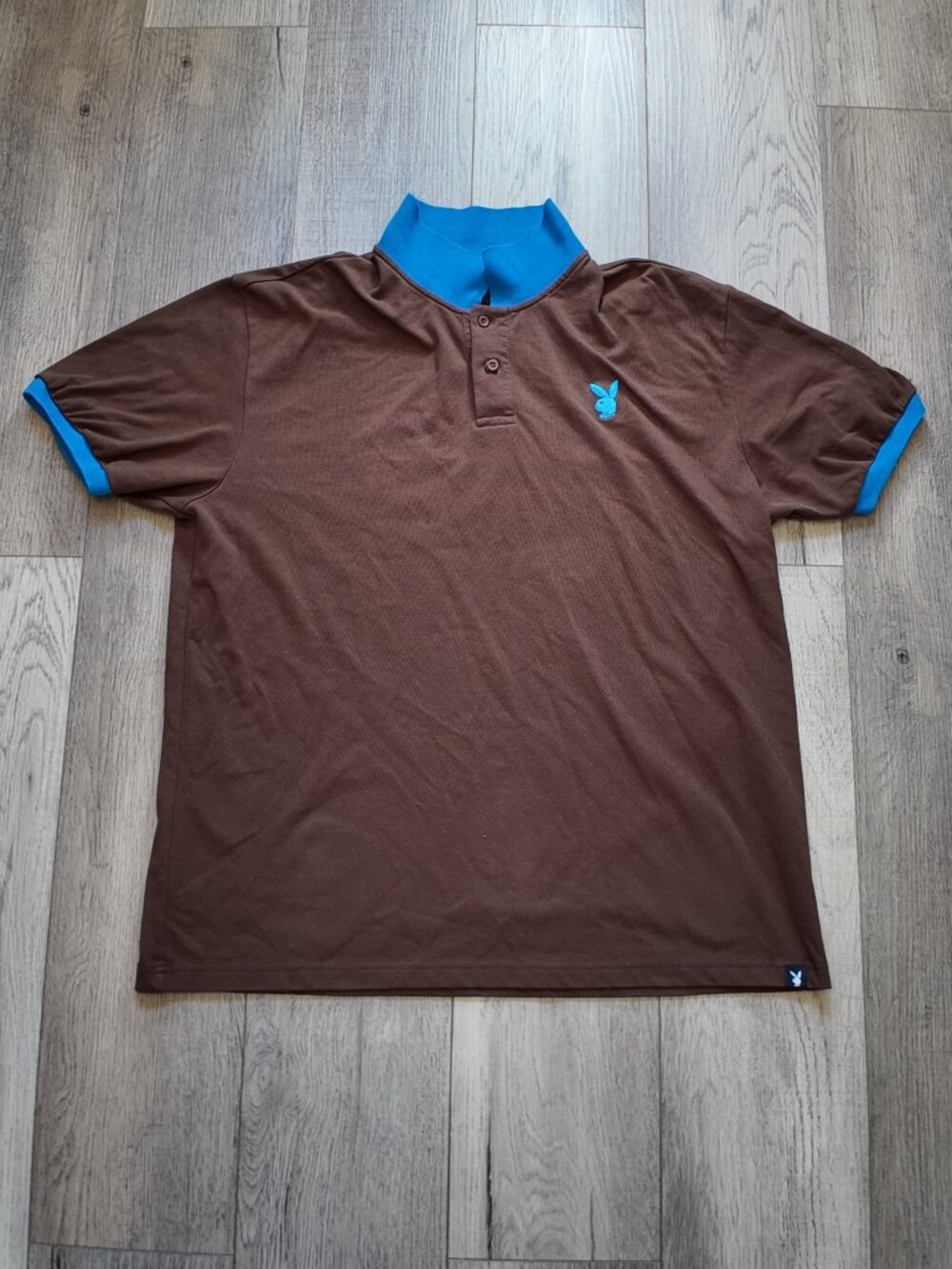 Playboy Mens Colorblock Pique Polo Shirt XL Brown Blue Y2K Streetwear Bunny